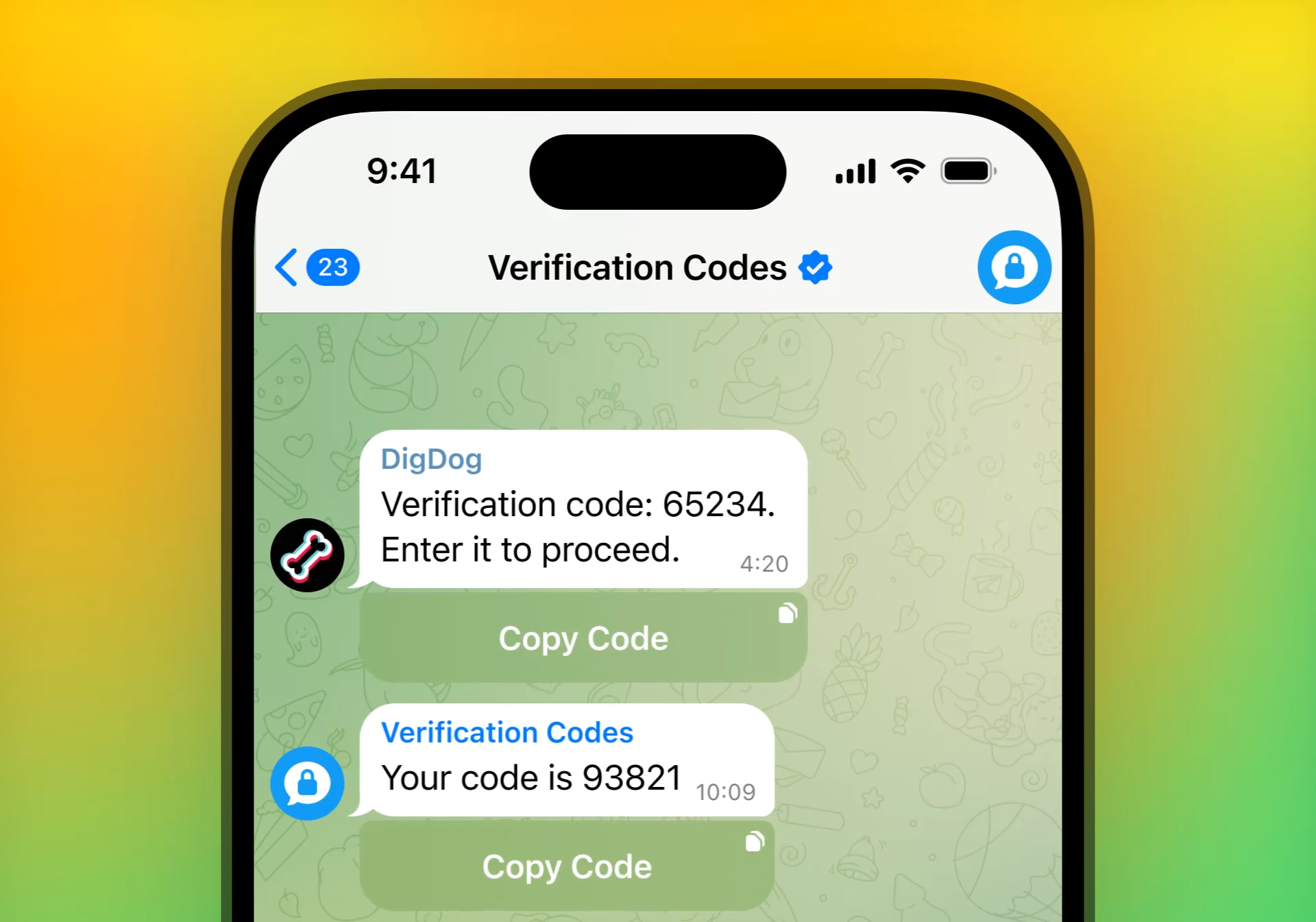 Telegram security verification codes shown side by side